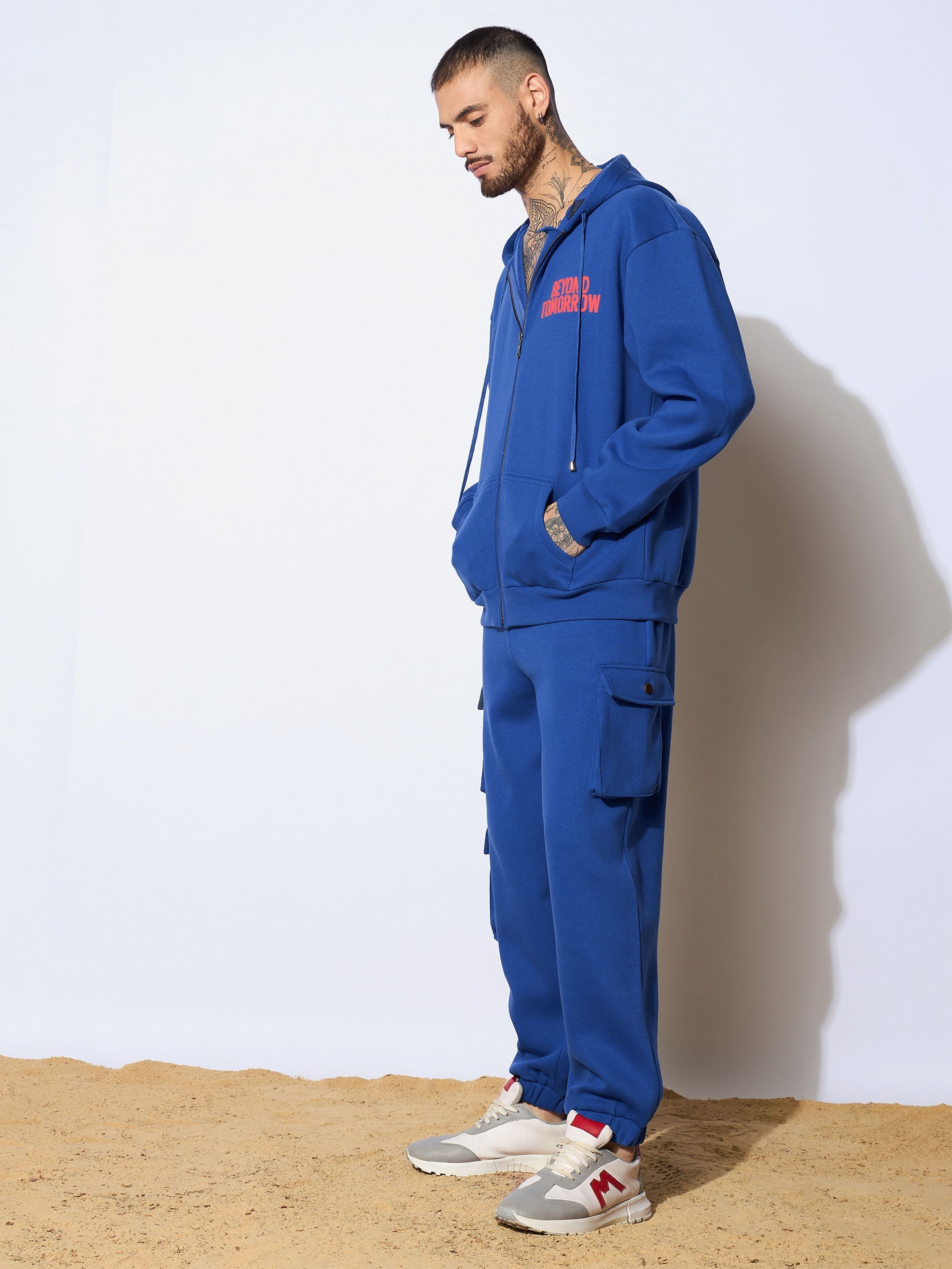 Men Blue BEYOND TOMORROW Oversized Zipper Hoodie with Joggers-MSSWSH70232_MSPANT50910