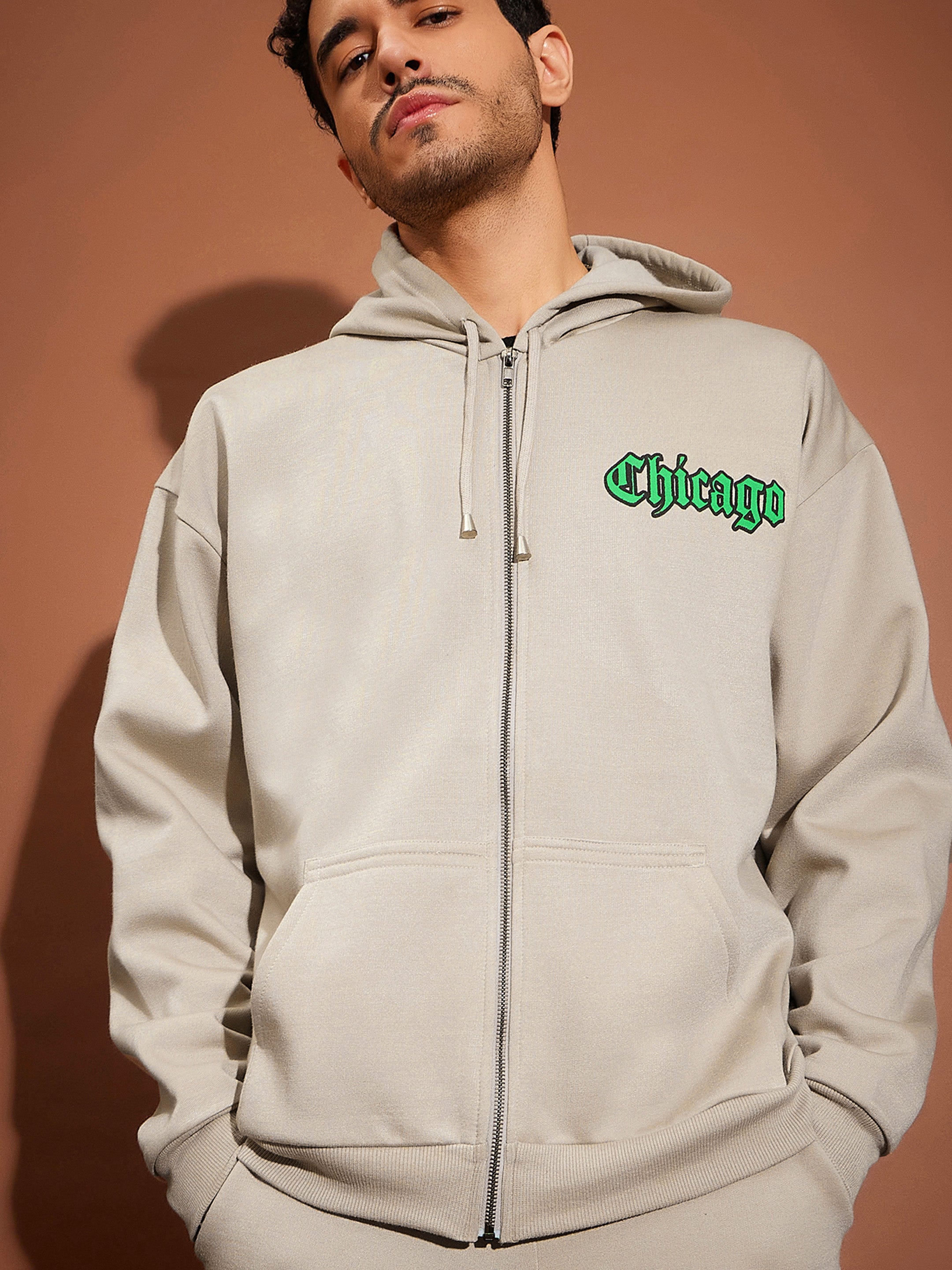 Men Taupe CHICAGO Oversized Zipper Hoodie-MSSWSH70233_Taupe