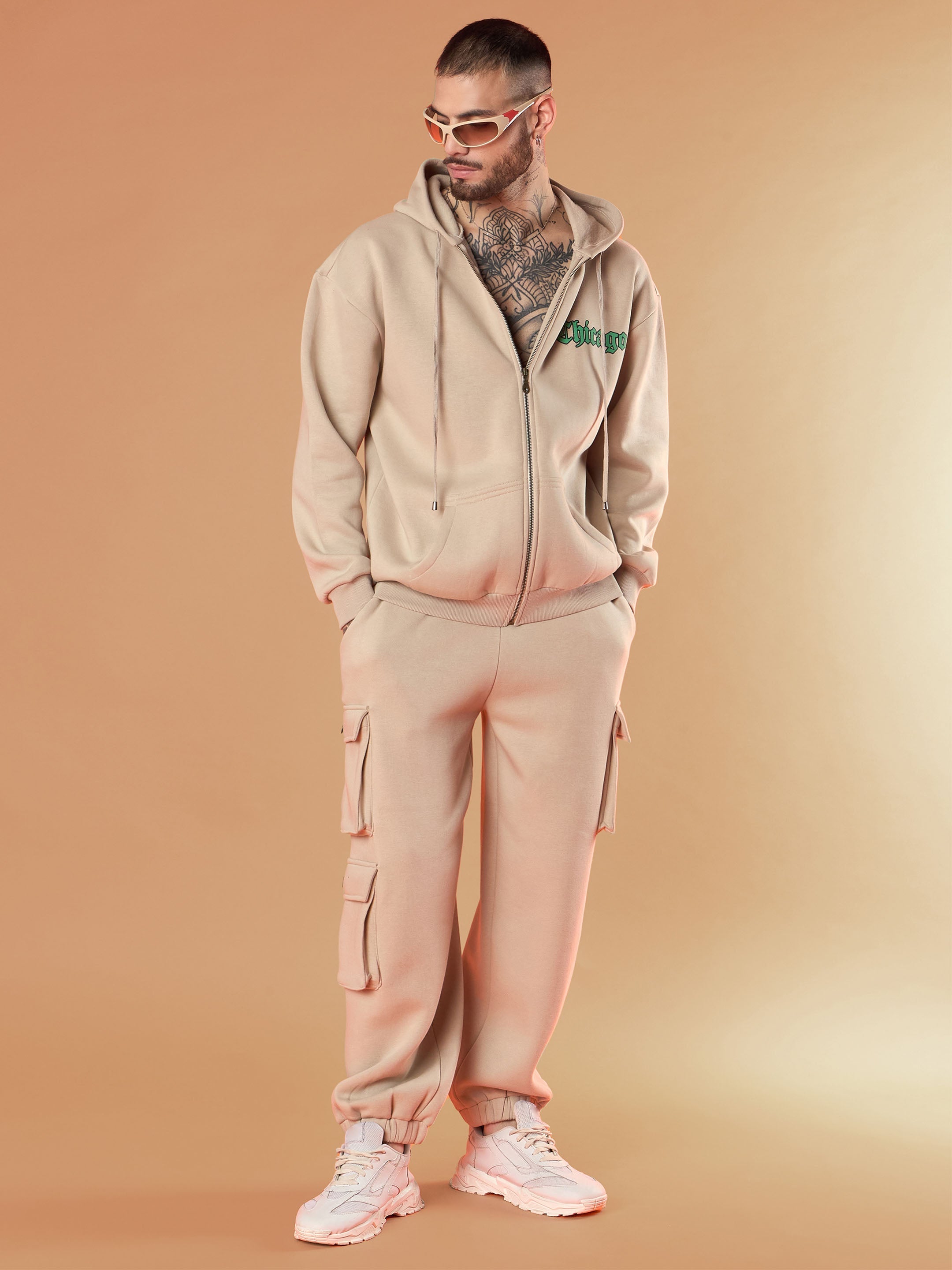 Men Taupe CHICAGO Oversized Zipper Hoodie with Joggers-MSSWSH70233_MSPANT50911