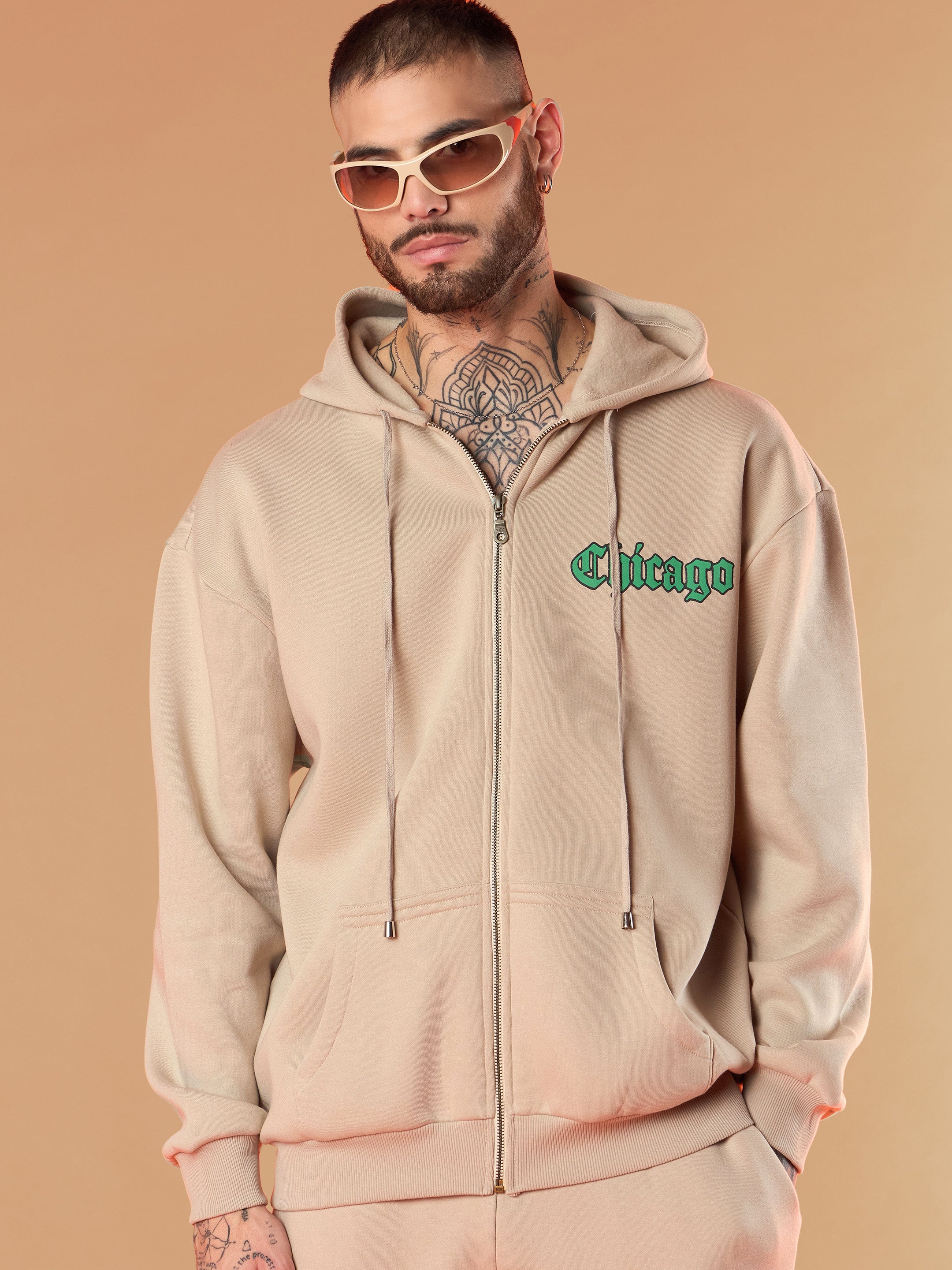 Men Taupe CHICAGO Oversized Zipper Hoodie with Joggers-MSSWSH70233_MSPANT50911