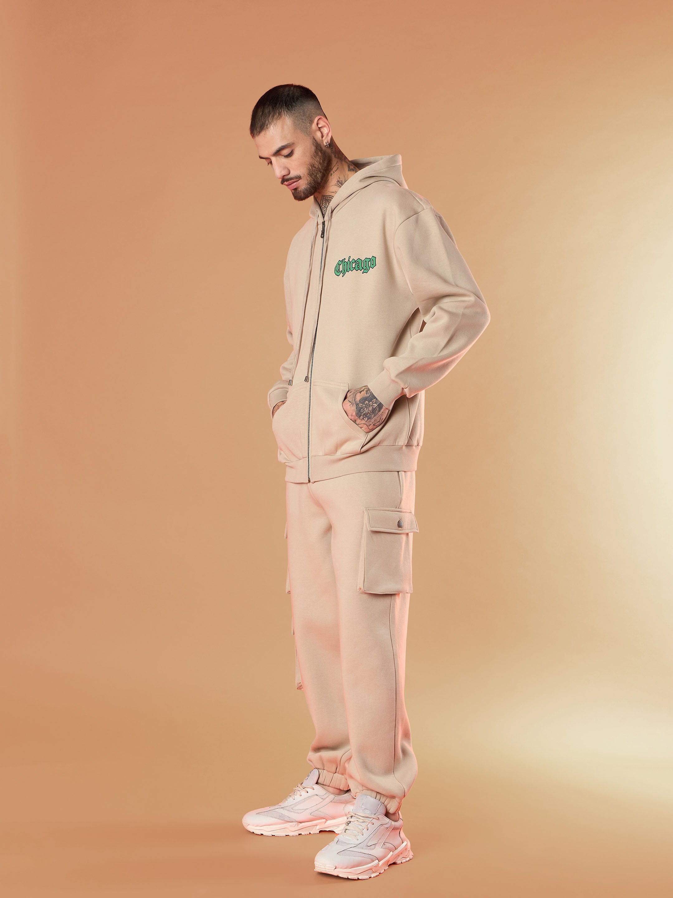 Men Taupe CHICAGO Oversized Zipper Hoodie with Joggers-MSSWSH70233_MSPANT50911
