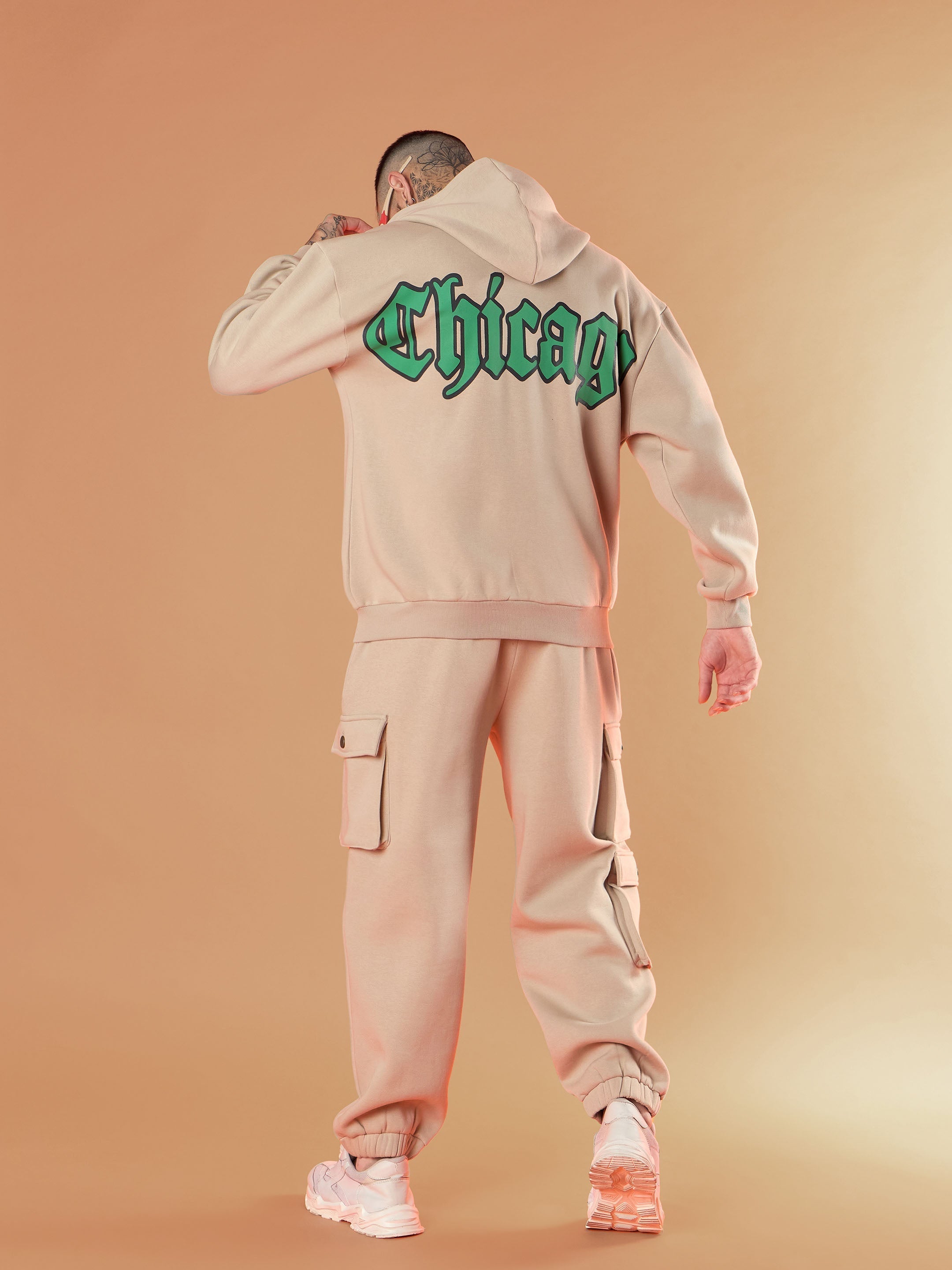 Men Taupe CHICAGO Oversized Zipper Hoodie with Joggers-MSSWSH70233_MSPANT50911