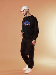 Men Black FOREVER YOUNG Embroidery Oversize Sweatshirt With Cargo Jogger-MSSWSH70239_MSPANT50722