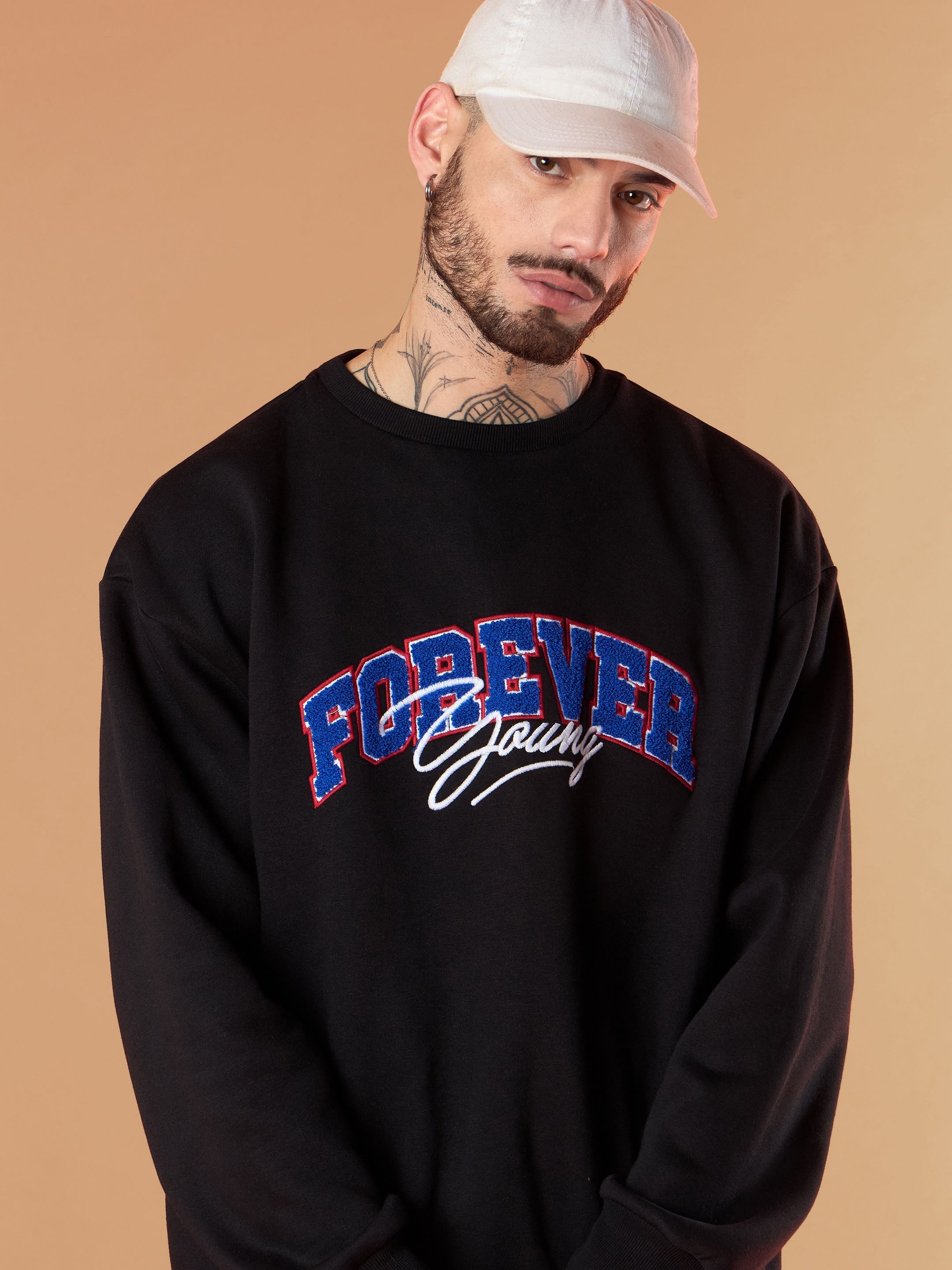 Men Black FOREVER YOUNG Embroidery Oversize Sweatshirt With Cargo Jogger-MSSWSH70239_MSPANT50722