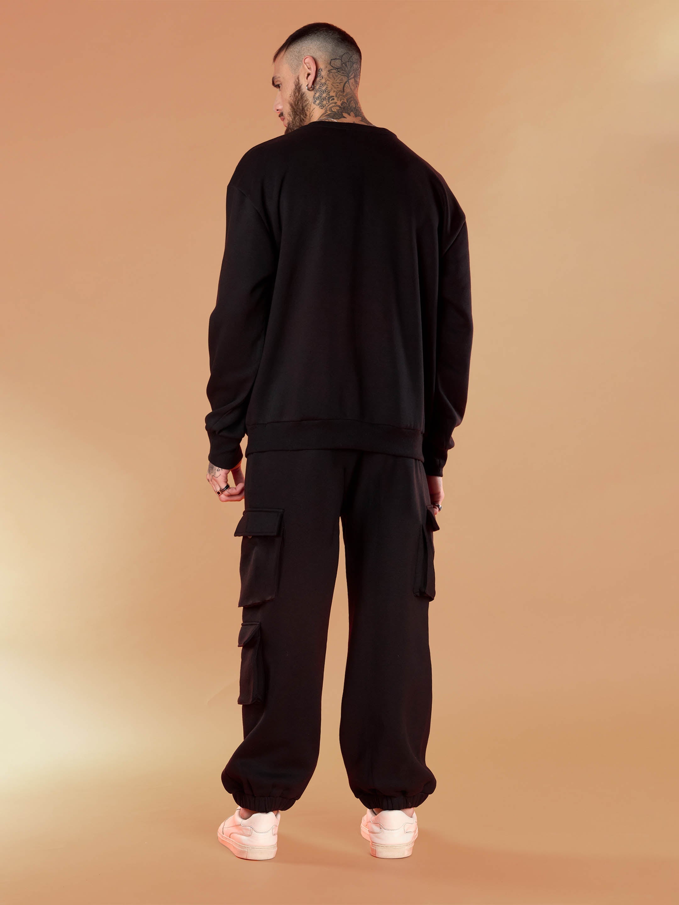Men Black FOREVER YOUNG Embroidery Oversize Sweatshirt With Cargo Jogger-MSSWSH70239_MSPANT50722
