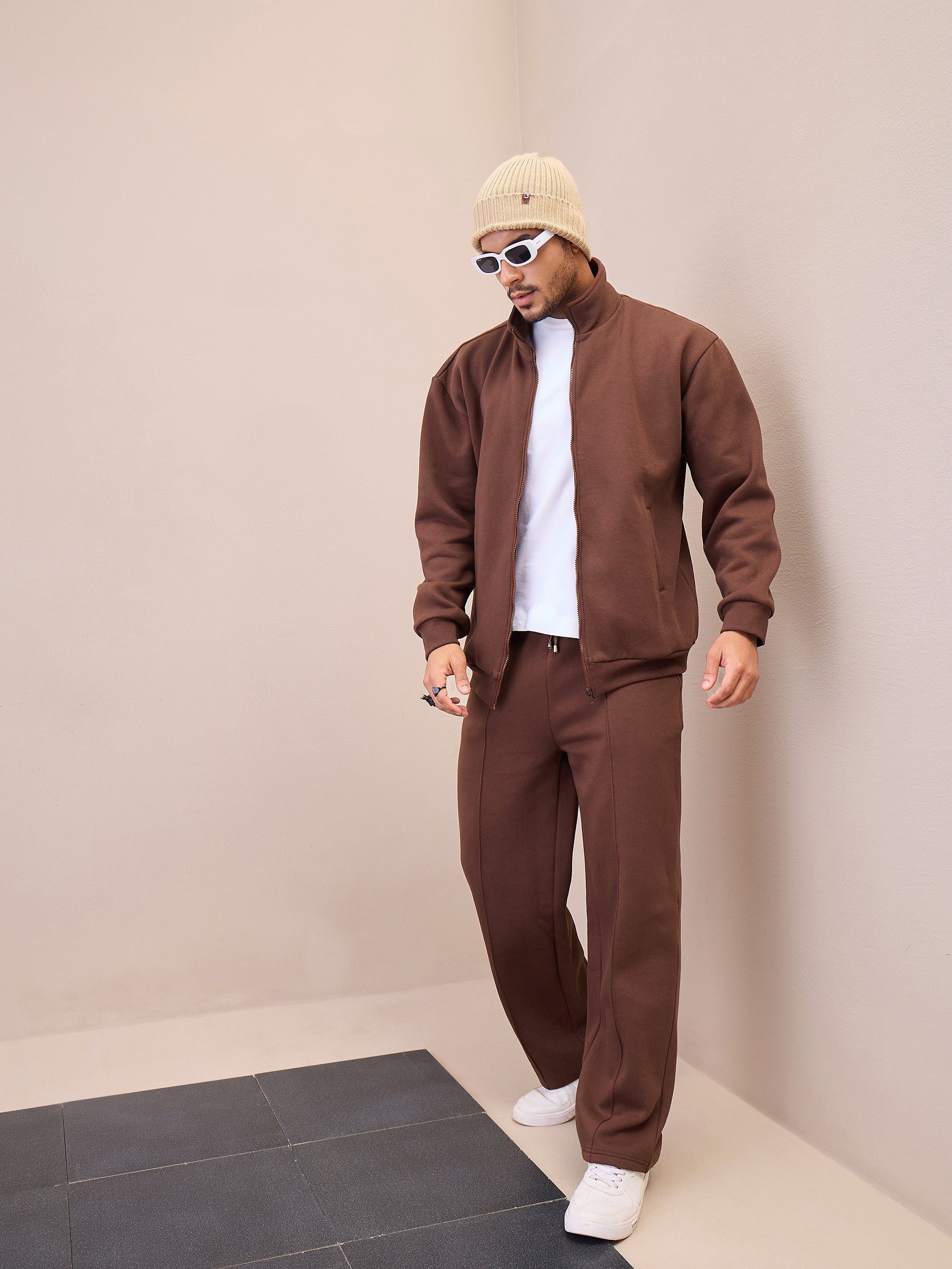 Men Dark Brown Front Zipper Oversize Sweatshirt-MSSWSH70241