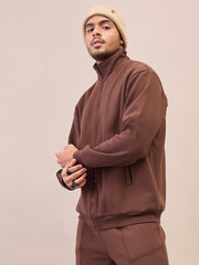 Men Dark Brown Front Zipper Oversize Sweatshirt-MSSWSH70241