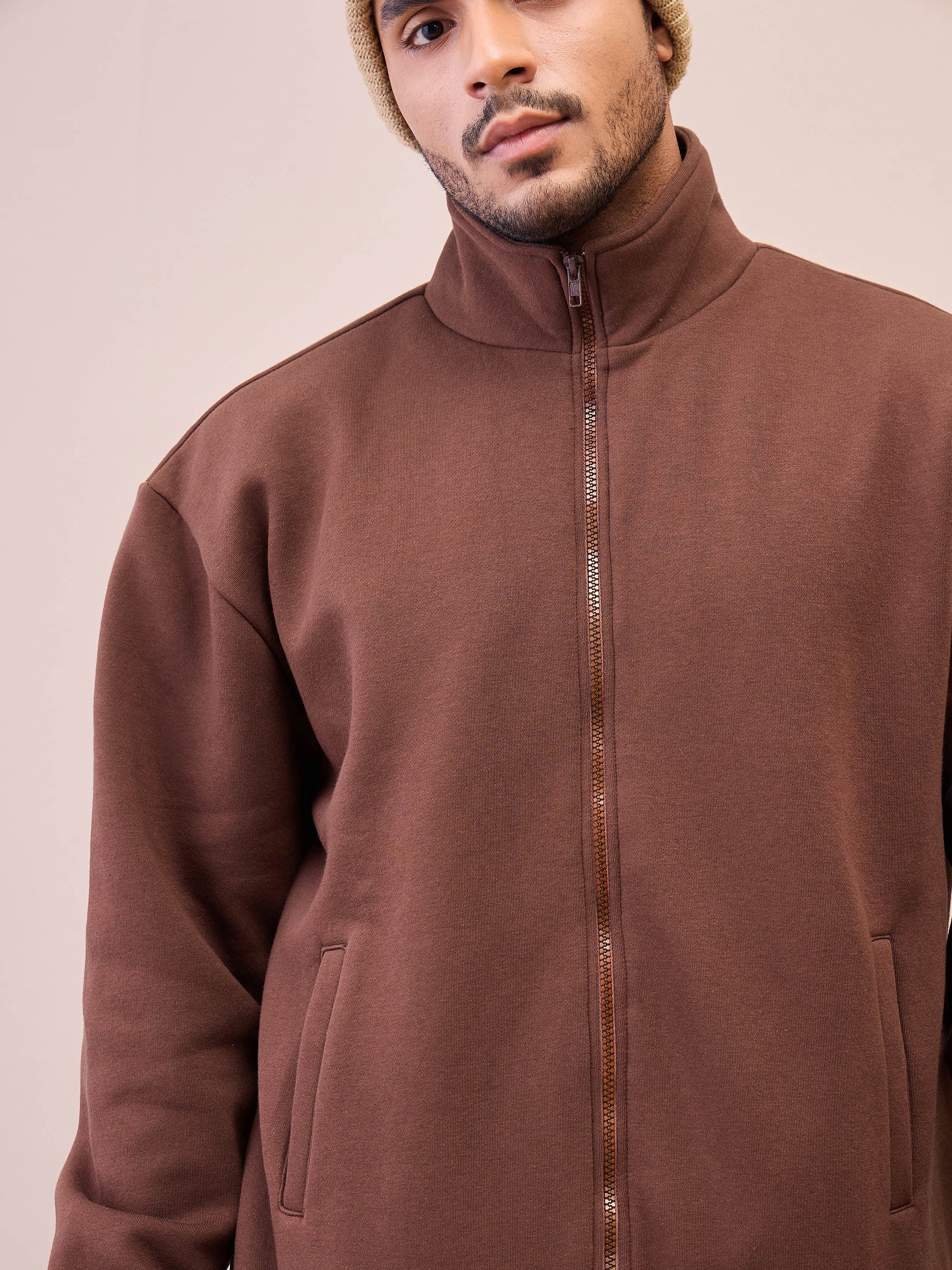 Men Dark Brown Front Zipper Oversize Sweatshirt-MSSWSH70241