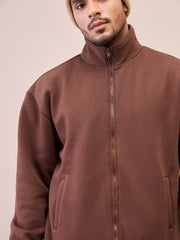 Men Dark Brown Front Zipper Oversize Sweatshirt-MSSWSH70241