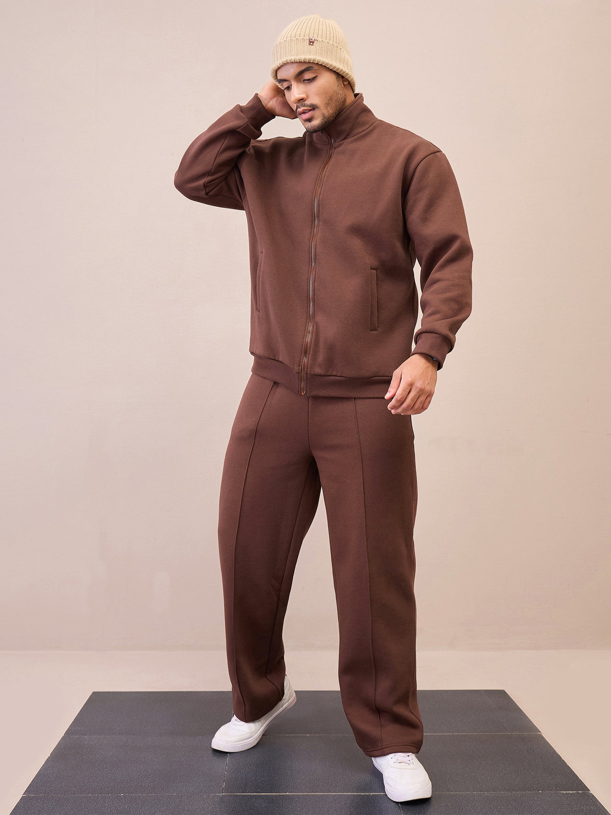 Men Dark Brown Front Zipper Oversize Sweatshirt With Sweatpants-MSSWSH70241_MSPANT51020