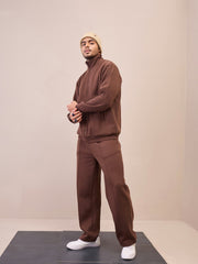 Men Dark Brown Front Zipper Oversize Sweatshirt With Sweatpants-MSSWSH70241_MSPANT51020