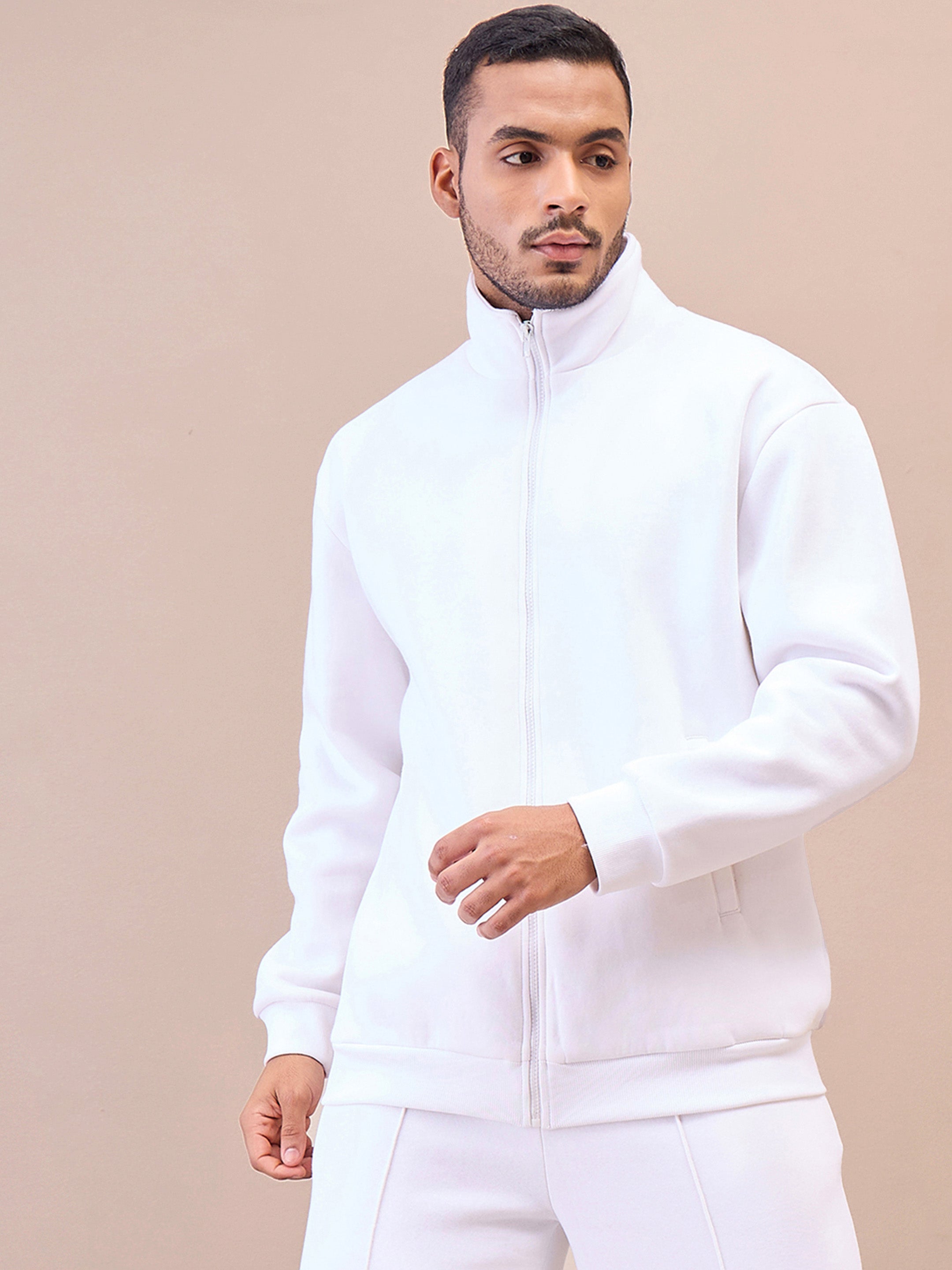 Men White Front Zipper Oversize Sweatshirt With Sweatpants-MSSWSH70244_MSPANT51023