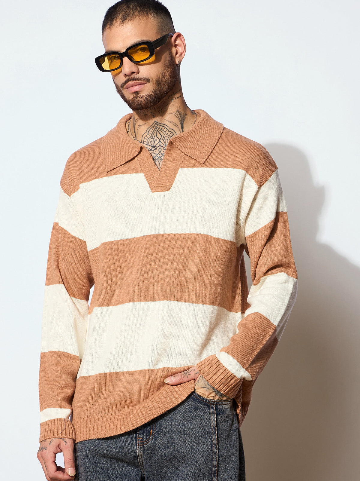 Men Unisex Beige & Off White Collar Neck Oversize Sweater-MSSWSH7620