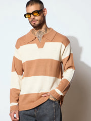 Men Unisex Beige & Off White Collar Neck Oversize Sweater-MSSWSH7620