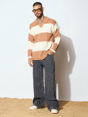Men Unisex Beige & Off White Collar Neck Oversize Sweater-MSSWSH7620