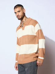 Men Unisex Beige & Off White Collar Neck Oversize Sweater-MSSWSH7620