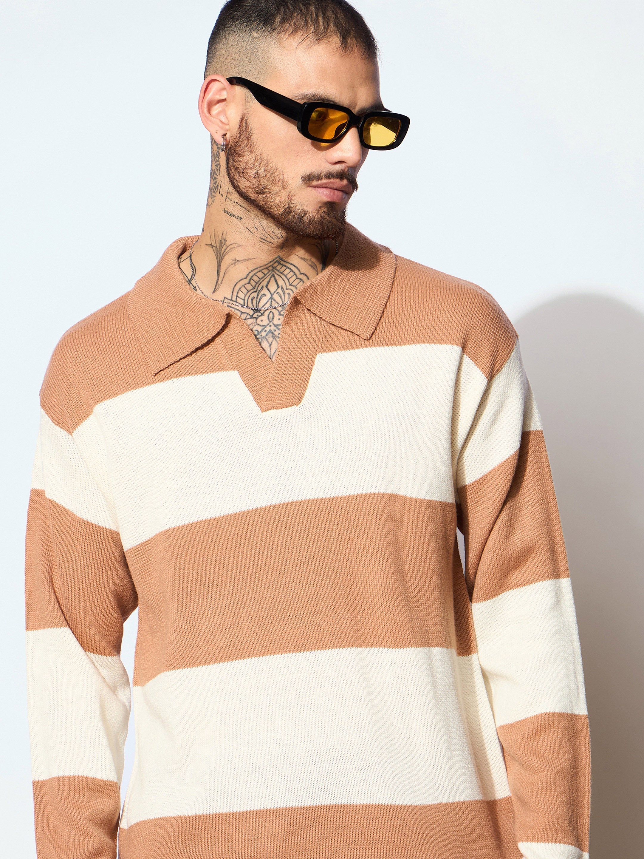 Men Unisex Beige & Off White Collar Neck Oversize Sweater-MSSWSH7620