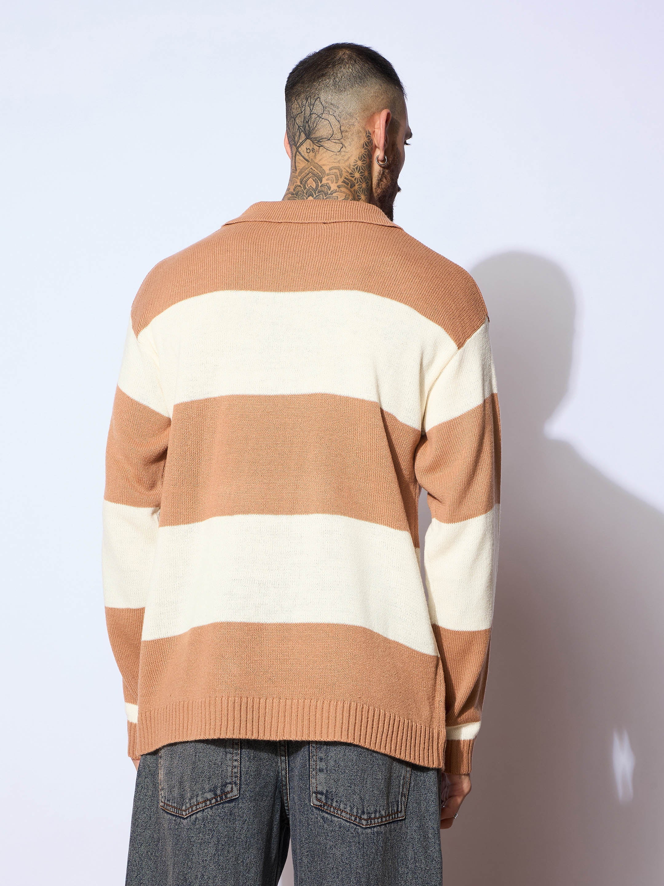 Men Unisex Beige & Off White Collar Neck Oversize Sweater-MSSWSH7620