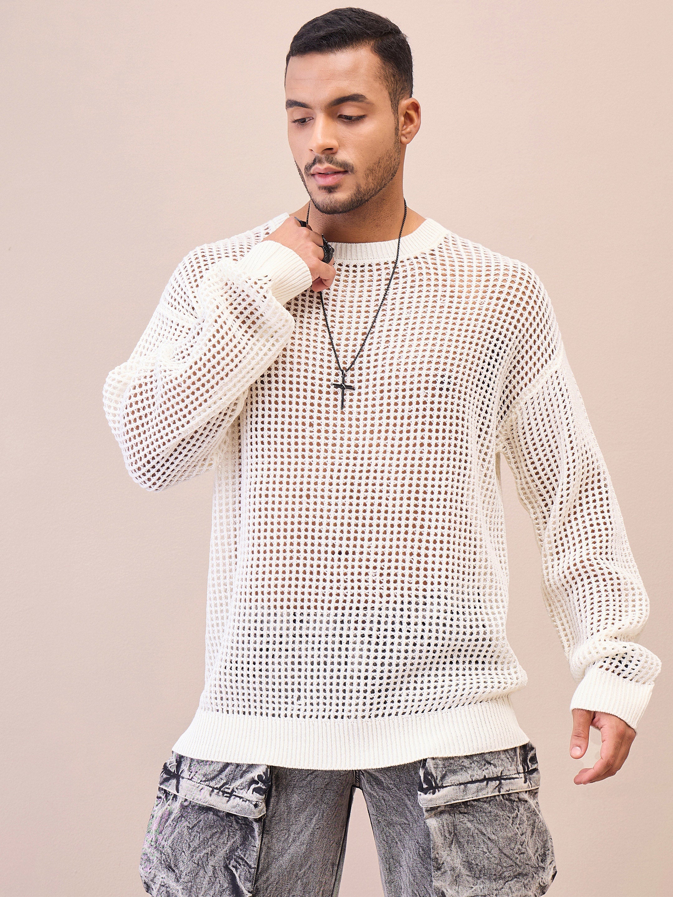 Men Unisex Off White Oversize Crochet Sweater-MSSWSH7627