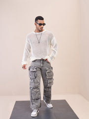 Men Unisex Off White Oversize Crochet Sweater-MSSWSH7627