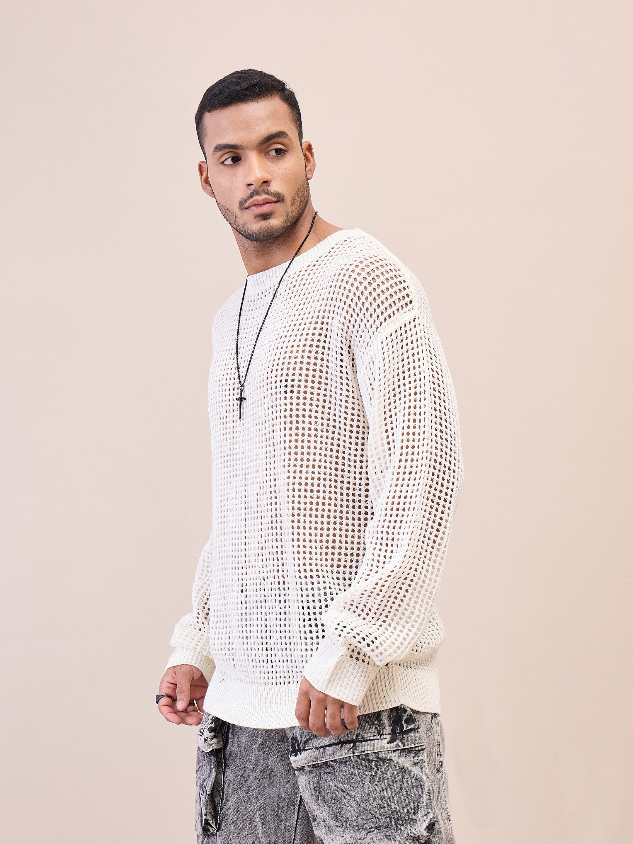 Men Unisex Off White Oversize Crochet Sweater-MSSWSH7627