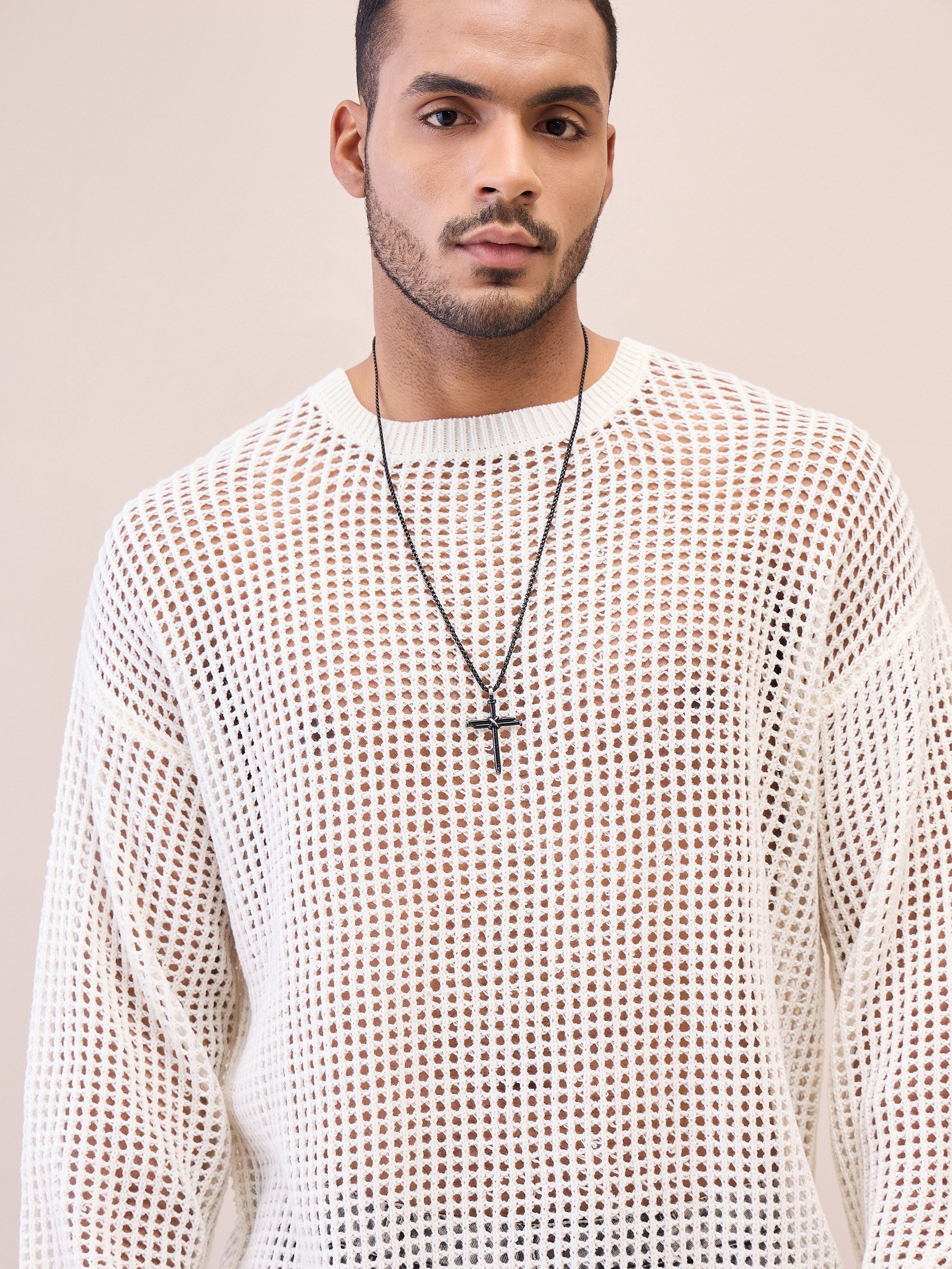 Men Unisex Off White Oversize Crochet Sweater-MSSWSH7627
