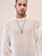 Men Unisex Off White Oversize Crochet Sweater-MSSWSH7627