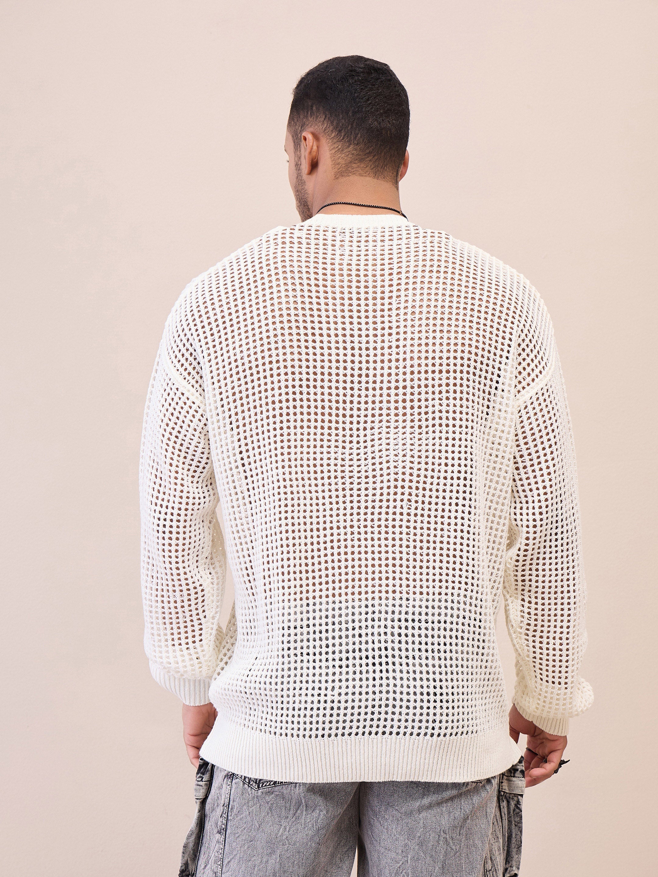 Men Unisex Off White Oversize Crochet Sweater-MSSWSH7627