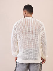 Men Unisex Off White Oversize Crochet Sweater-MSSWSH7627