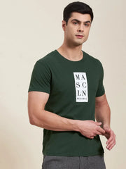 Men Olive Vertical MASCLN Slim Fit T-Shirt