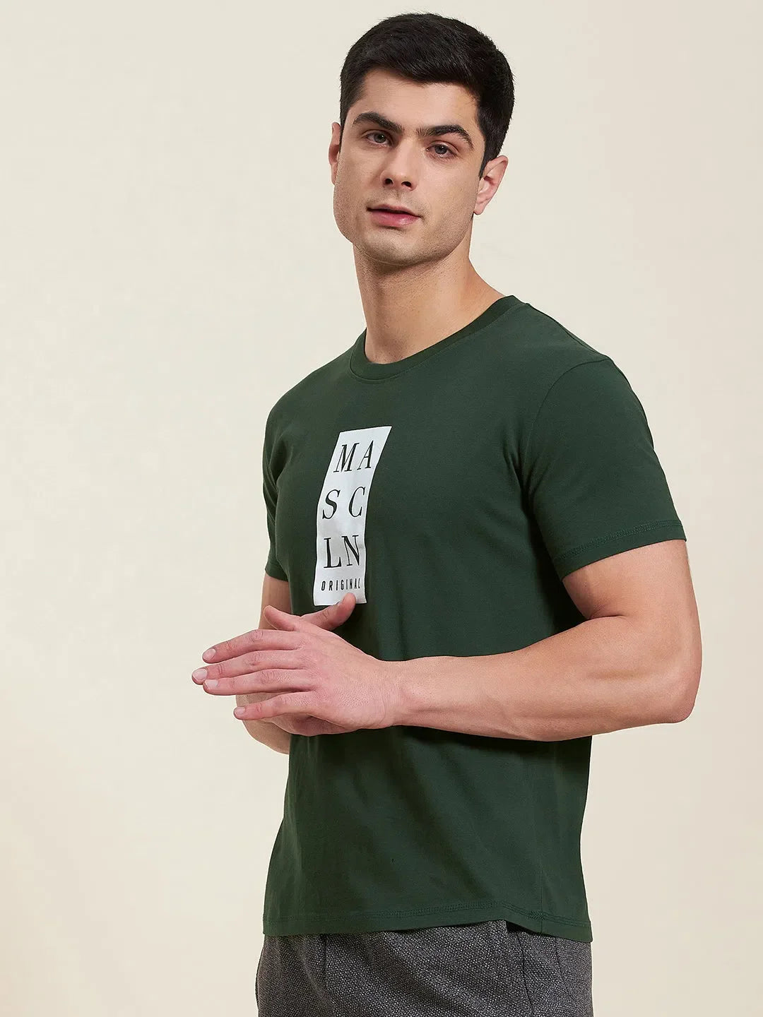 Men's Olive MASCLN Slim Fit T-Shirt | Cotton Graphic Tee