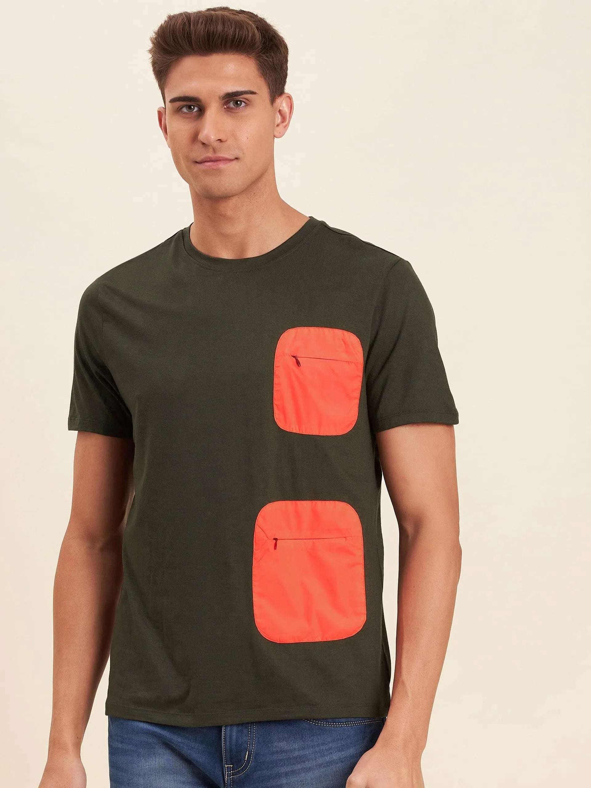 Olive Viscose Zipper Pocket Men's T-Shirt | Casual Tee