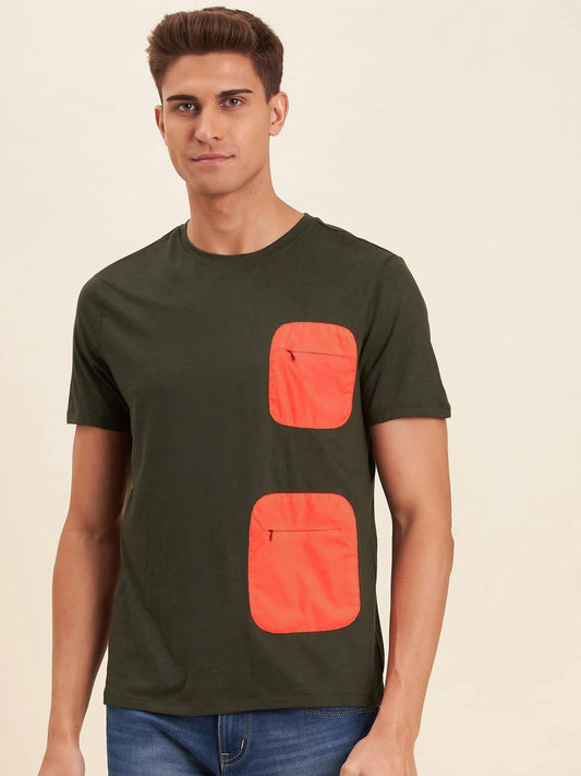 Men Olive Viscose Zipper Pocket T-Shirt 1920
