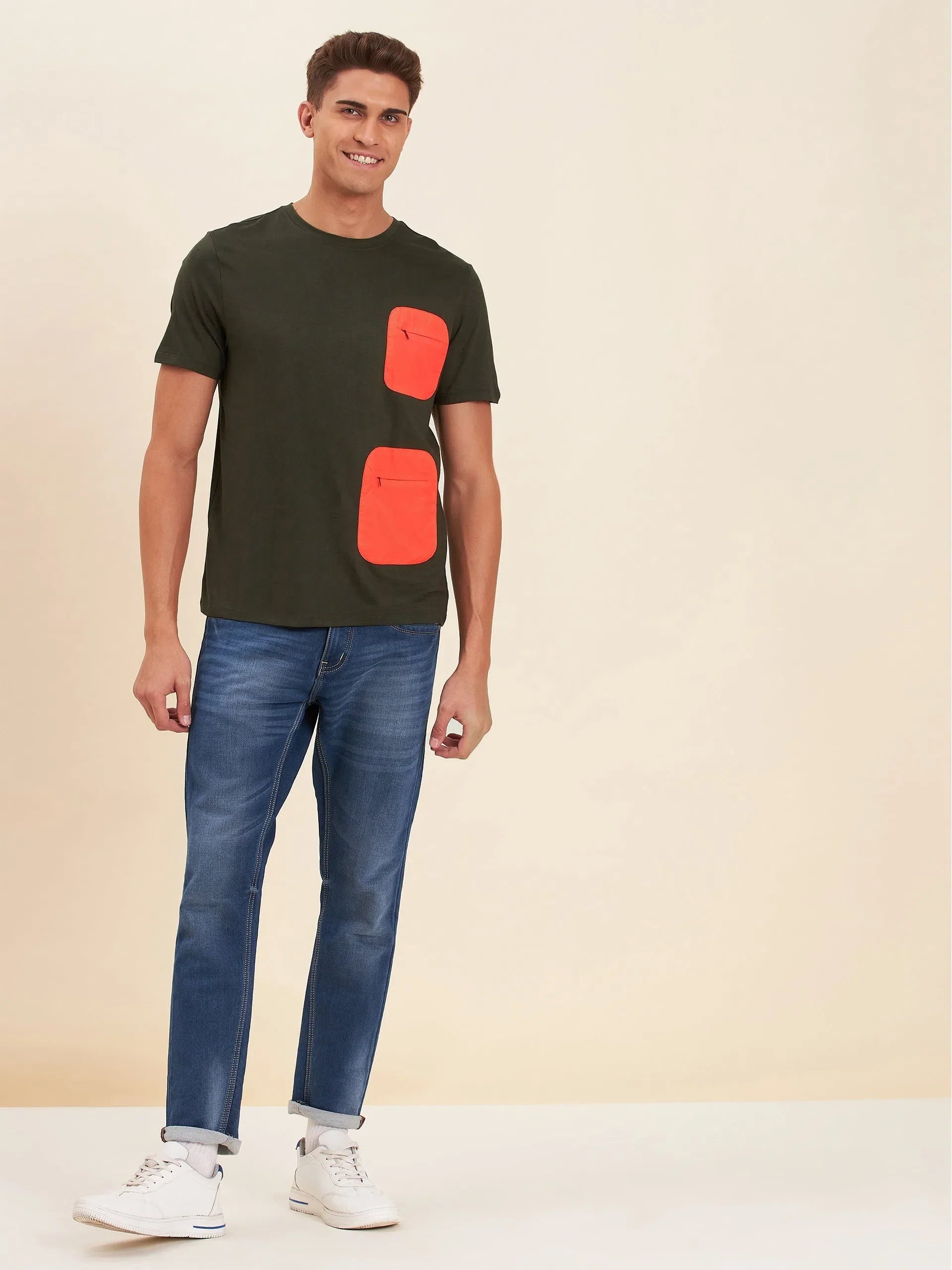 Olive Viscose Zipper Pocket Men's T-Shirt | Casual Tee