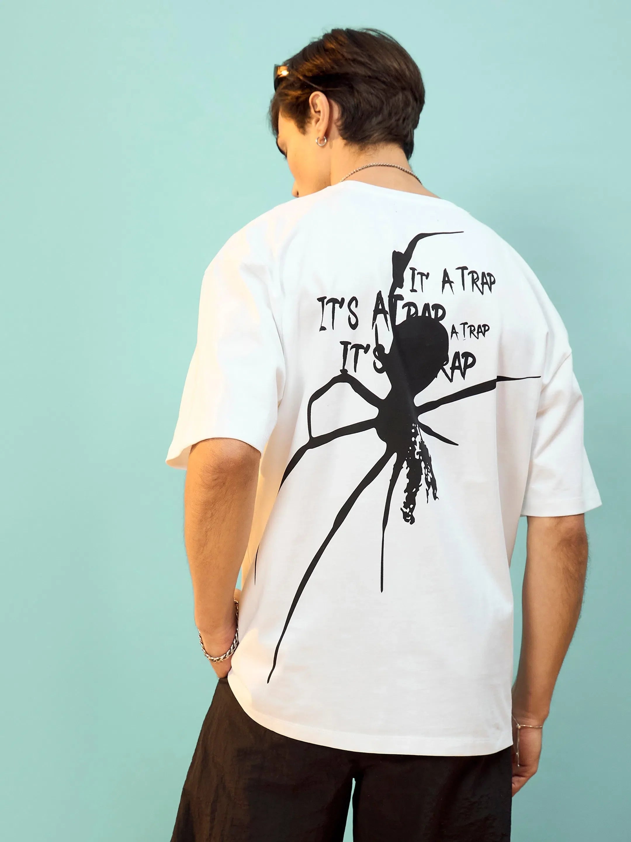 White Spider Trap Oversize Men's Graphic Cotton T-Shirt