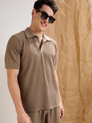 Men Beige Textured Relax Fit Polo T-Shirt-MSTOPS42339