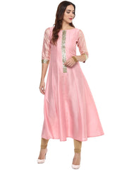 Pink Poly Silk Gold Foil Print Kurta-AHKUPSFP-561