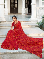 Women's Georgette Red Embellished Designer Saree With Blouse Piece-MUNIYA40186