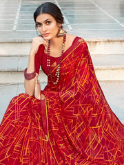 Women's Georgette Red Embellished Designer Saree With Blouse Piece-MUNIYA40186
