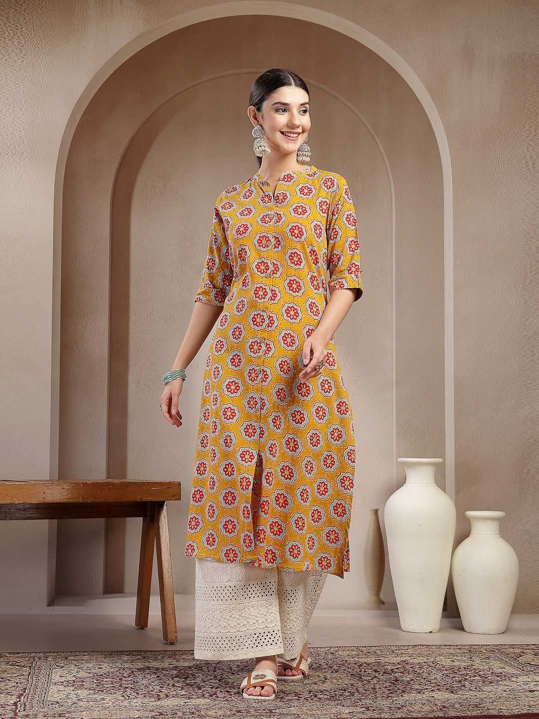 Women's Mustard Ethnic Printed Cotton A-Line Kurta (MUSTARDGINNI) | De