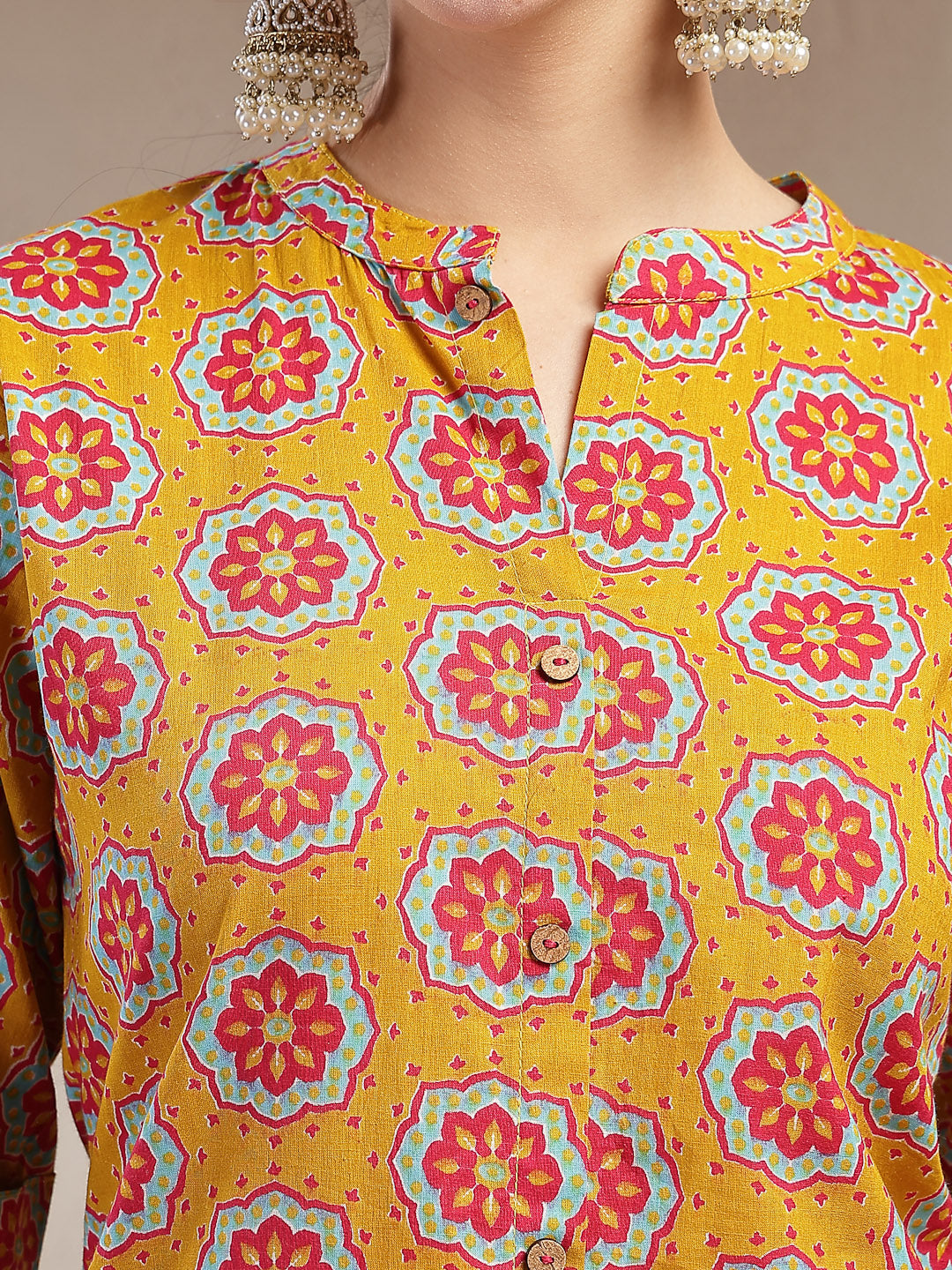 Women's Mustard Ethnic Printed Cotton A-Line Kurta (MUSTARDGINNI) | De