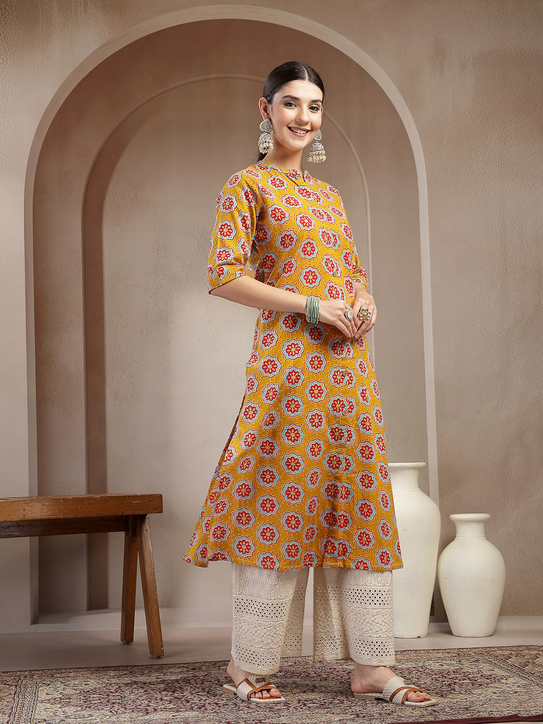 Women's Mustard Ethnic Printed Cotton A-Line Kurta (MUSTARDGINNI) | De