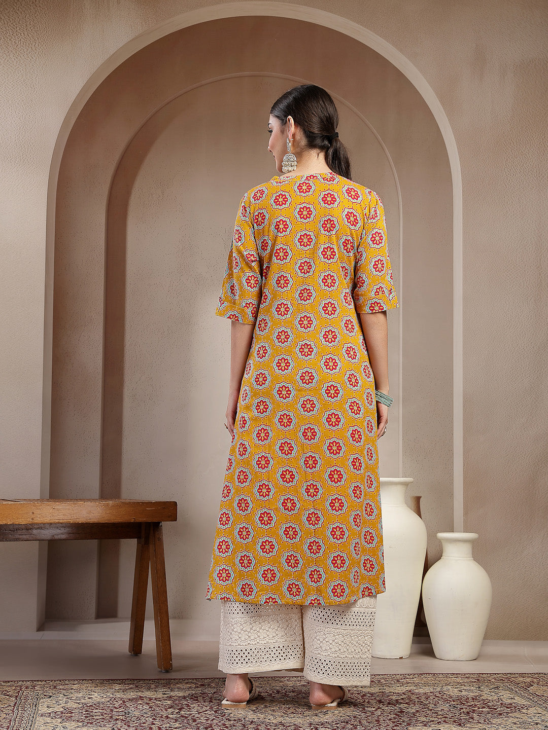 Women's Mustard Ethnic Printed Cotton A-Line Kurta (MUSTARDGINNI) | De