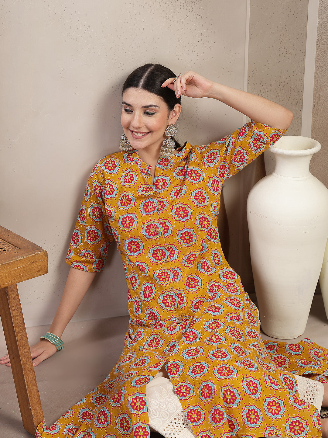Women's Mustard Ethnic Printed Cotton A-Line Kurta (MUSTARDGINNI) | De