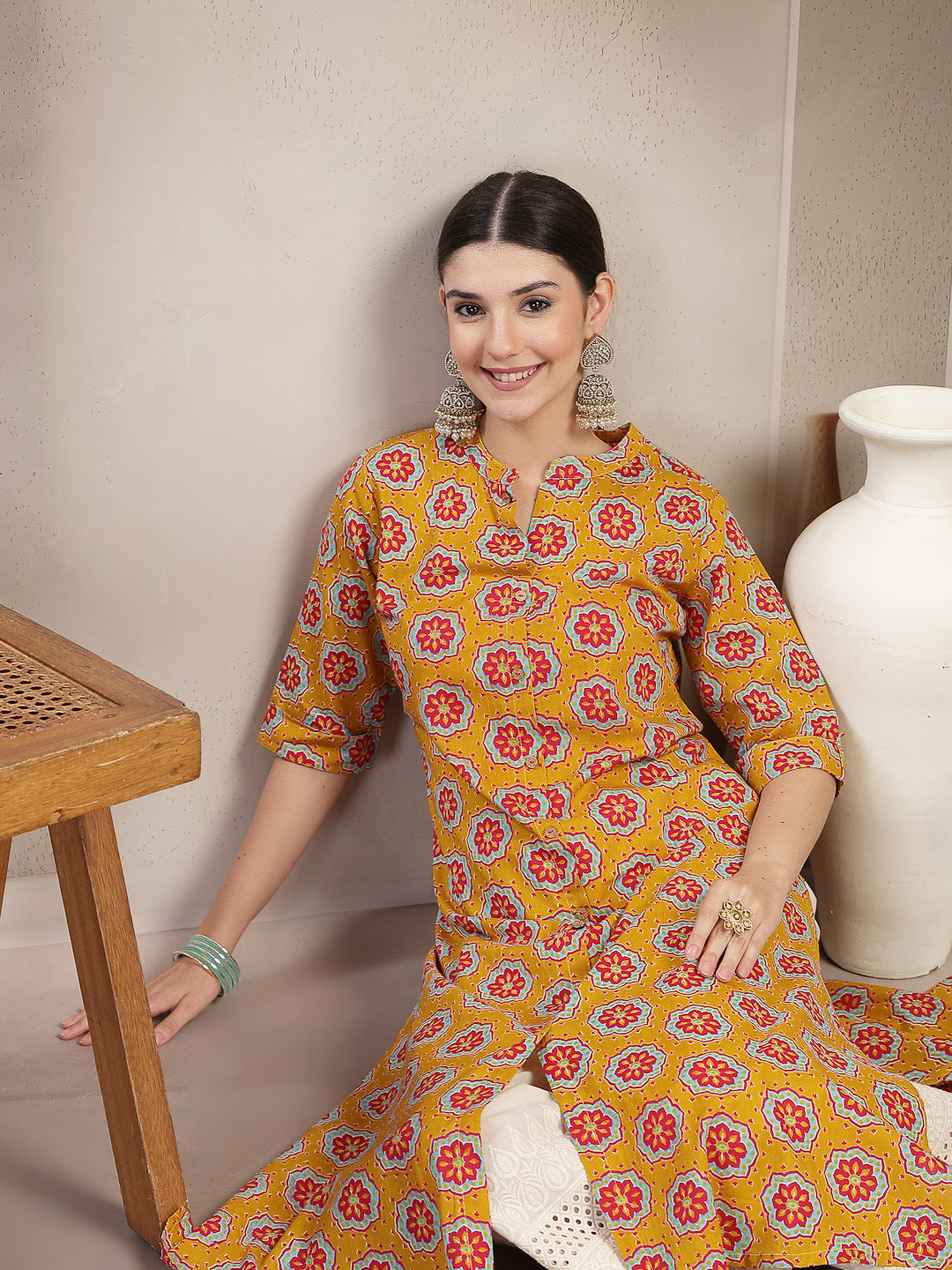 Women's Mustard Ethnic Printed Cotton A-Line Kurta (MUSTARDGINNI) | De