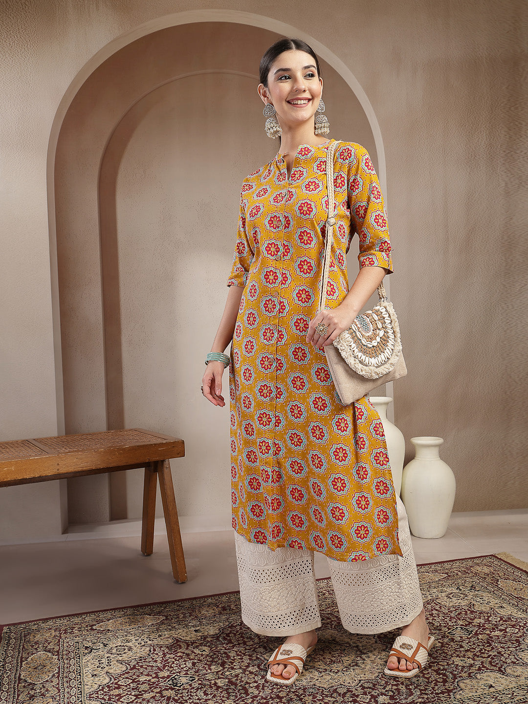 Women's Mustard Ethnic Printed Cotton A-Line Kurta (MUSTARDGINNI) | De