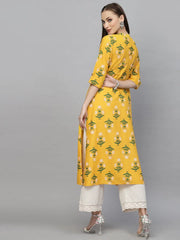 Women's Floral Printed A-Line Kurta-MUSTARDRAVE-S