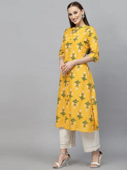 Women's Floral Printed A-Line Kurta-MUSTARDRAVE-S