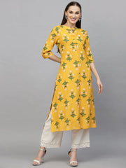 Women's Floral Printed A-Line Kurta-MUSTARDRAVE-S