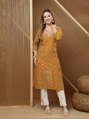 Stylum Women's Mustard Bandhej Printed & Embroidered Cotton Straight Kurta (MUSTGOPI)